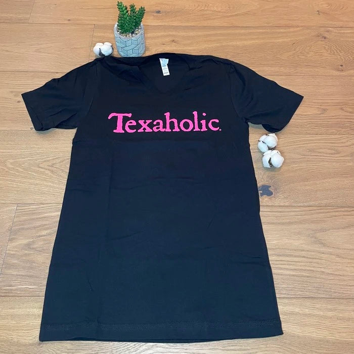 Texaholic® T-Shirt SS - V-Neck - Black/Pink